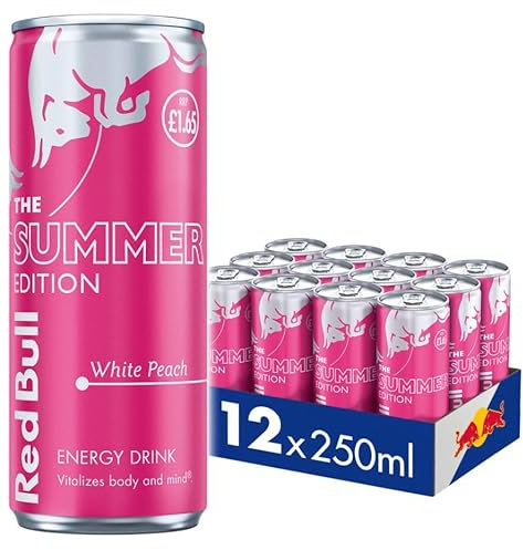 Red Bull Summer Edition, Boisson Énergétique Saveur Pêche Blanche, Pack de 12 Canettes de 250ml