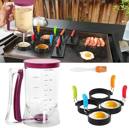 Guniata Teigportionierer,900 ml Pfannkuchen Teigspender,Pancake Portionierer mit 4 Eierfritteuse,um Kuchen,Pfannkuchen,Muffins,Waffeln zu Machen(A)