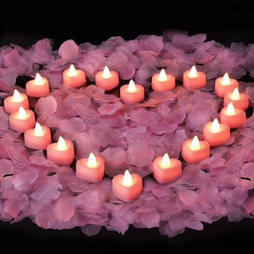 AMAGIC Lot de 2 000 pétales de rose artificiels et 24 bougies chauffe-plat LED en forme de cœur - Kit romantique pour demande en mariage, anniversaire, Saint-Valentin, décoration de table de mariage