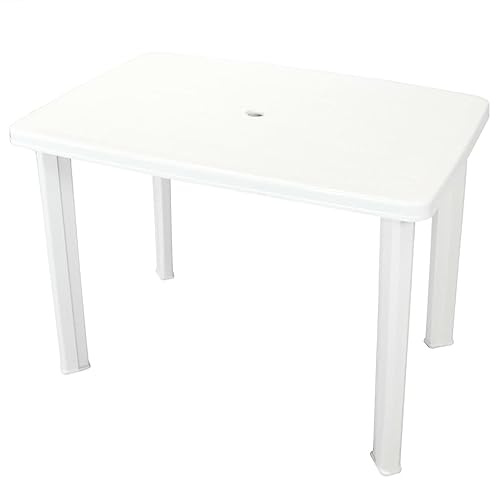 Qnhdfrt Table de jardin en plastique blanc 101 x 68 x 72 cm avec trou pour parasol - Table d'extérieur résistante aux intempéries pour jardin, balcon, camping