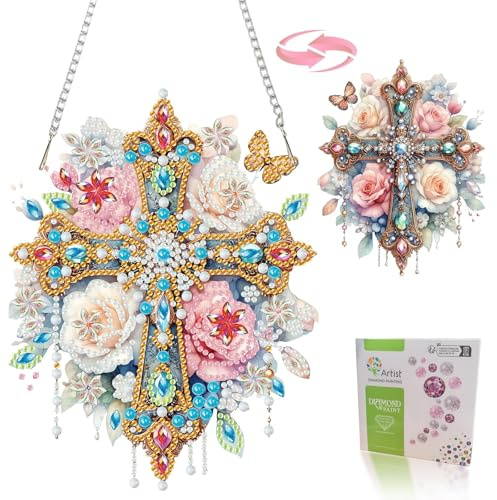 DIY Diamond Painting Fensterbilder Beidseitig Kreuz mit Blumen, 5D Diamant Malerei Türkranz Anhänger mit Kette, Diamond Painting Fensterbild Frühling Sommer Deko,für Erwachsene Anfänger Basteln Kits