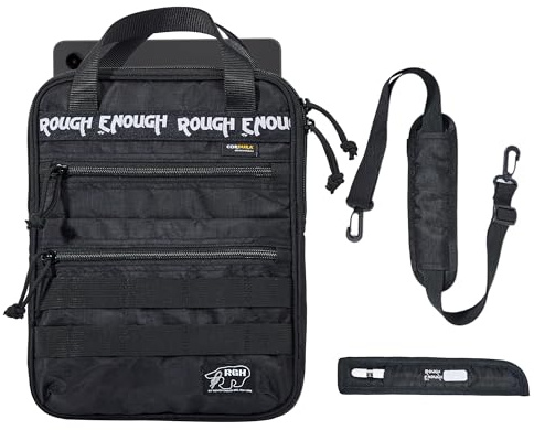Rough Enough Tablet-Schutzhülle, 22,9 - 27,9 cm, iPad für Studenten, Herren, Campus, Outdoor, Reisen, mit abnehmbarem Schultergurt, Stifthalter, wetterbeständig, schwarzes Cordura