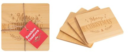 RSW Christmas Bamboo Coasters – Pack of 4 – Engraved Merry Christmas Wooden Coasters for Hot & Cold Drinks – Eco-Friendly Table Protection