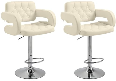 HOMCOM 2 PC Swivel Bar Stool with Wide Seat, Arm, Adjustable Height White | PU Leather Upholstered, Comfy Seating, Breakfast Bar Chair, Barstool, Footrest, Backrest, Bistro, Kitchen