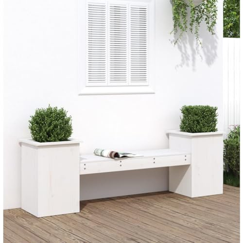 IBUQDDV Banc de jardin avec pots de fleurs en pin massif - Blanc - 184,5 x 39,5 x 56,5 cm - Avec 2 pots de fleurs - Banc robuste pour terrasse et jardin - Résistant aux intempéries