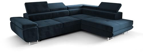 O-Sofa Ecksofa Praga Design L, Eckcouch in L-Form mit Schlaffunktion, Farbe: Blau, Velourstoff, Ottomane Universal