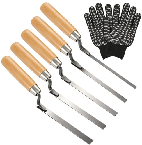VZXZXE 5-tlg Fugenkelle Set, 6-15mm, Kohlenstoffstahl, Maurerwerkzeug | 6/8/10/12/15mm, Holzgriff, inkl Handschuhe. Für Zement & Mörtel. Verfugen von Ziegeln, Klinker, Fliesen