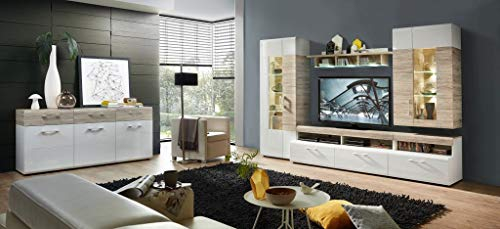 Froschkönig24 Wohnzimmer Komplettset 18449 Wohnkombination Set Weiß Hochglanz/Sandeiche
