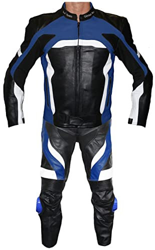 German Wear Tuta da motociclista in pelle bovina, 2 pezzi, colore nero/blu, taglia: 58