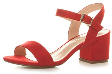 Ajvani Women Ladies Low Block Heel peep Toe Ankle Strap Strappy Party Sandals, Red Suede, 6 UK