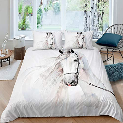 Loussiesd Jungen Bettbezug Set 135x200cm für Kinder Teens Pferd Bettwäsche Set 3D Steed Print Bettwäsche mit 1 Kissenbezug 80x80cm Wildlife Betten Set Animal Microfiber Weiß Aquarell
