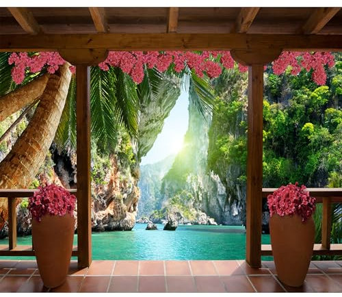 decomonkey - Papier Peint Panoramique Paysage 350x256 cm - Décoration murale moderne – Tapisserie décorative pour chambre salon - Bois paysage fleurs nature palmiers plantes tropical
