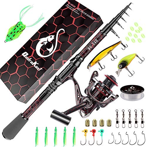 QudraKast Kombinationen aus Angelrute und Rolle, einzigartiges Design mit X-Warping-Farbe, teleskopierbare Kohlefaser-Angelrute mit kombiniertem Angelruten-Kit mit Box, Angler (240-Red)