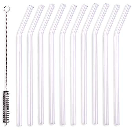 Schramm® 20 Stück Glas Strohhalme gebogen transparent mit Reinigungsbürste wiederverwendbar Trinkhalme Glasstrohhalm