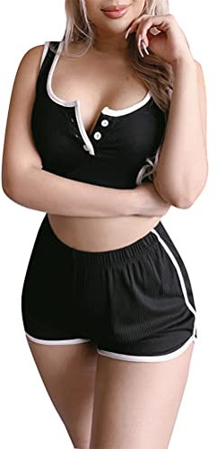 Minetom Damen Yoga Anzug Fitness Zweiteiligen Tops Shirts Weste und Kurze Hose Shorts Outfits Trainingsanzug Jogging Activewear Schlafanzug Set Schwarz XXL