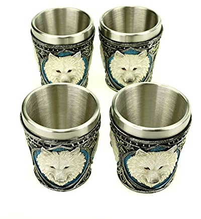 Vogler 816-1270 4er Set Shotglas Weißer Wolf mit Stahleinsatz Glas Whiskyglas