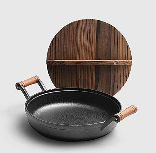 Fridy PAN 33cm Double Wok wok avec poignée en bois Poêle polyvalent avec couvercle en bois