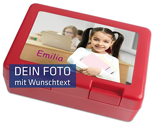 INDIGOS UG - Brotzeitbox rot - 185 x 128mm - Schilder selbst gestalten Foto Bild & Text bedruckt - personalisiert - Brotbüchse für Schule, Kita, Picknick, Kindergarten - Brotdose für die Kinder
