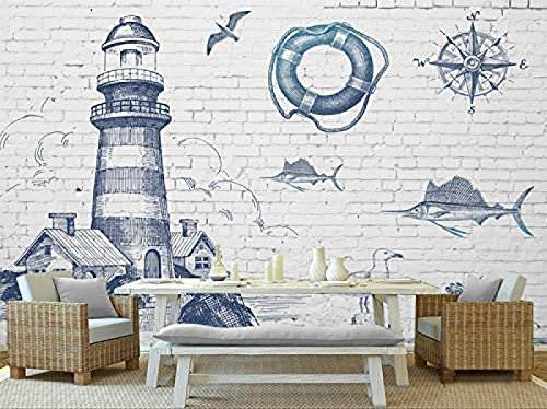 Papier Peint 3D Intissé Mur De Briques Blanches Phare Bleu Papier Peint Panoramique 3D Moderne Décoration Murale
