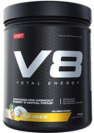 V8 Total Energy – Pre Workout Booster – Trainingsbooster – CarnoSyn®, BetaPower®, natürliches Koffein – Vegan – Zuckerfrei – 20 Portionen – Limited Edition – Pina Colada