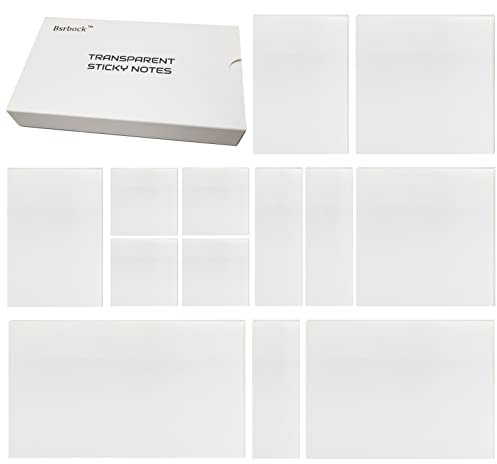 Bsrbock Transparente Haftnotizen, 650 Blatt, durchsichtige Haftnotizen, unsichtbar, durchscheinend, für Schule, Büro, 13 Packungen, (3,8 x 3,8 cm, 7,6 x 2,5 cm, 7,6 x 5,1 cm, 7,6 x 7,6 cm, 7,6 x 10,2