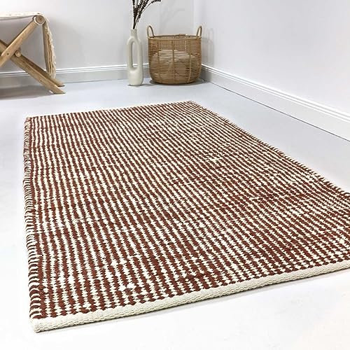 Wecon Home Handgewebter Kurzflor Esprit Kelim Teppich für Wohnzimmer, Schlafzimmer und Kinderzimmer - GOBI (80 x 150 cm, rotbraun beige)