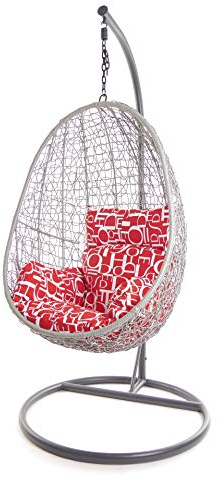 Kideo® Komplettset: Hängesessel mit Kissen und Gestell, Loungemöbel, Swing Chair, Korbsessel. Farbe: grau, Nest-Kissen (Kissen: rot-weiß buchstabenmuster (3100 red Letter))