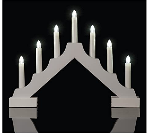 EMOS Holz LED-Kerzenständer in Weiß, klassischer Kerzenhalter mit 7 LED-Leuchten, Batteriebetrieben 2x AA, Innenbereich IP20, 6/18h Timer-Funktion, 35x29 cm