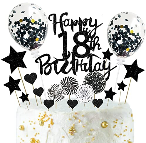 Tortendeko 18 Schwarz, 24 Stück Glitzer Kuchen Deko, Cake Topper 18 Geburtstag Junge, Happy Birthday Tortendeko für 18 Geburtstag Party Mädchen Jungen
