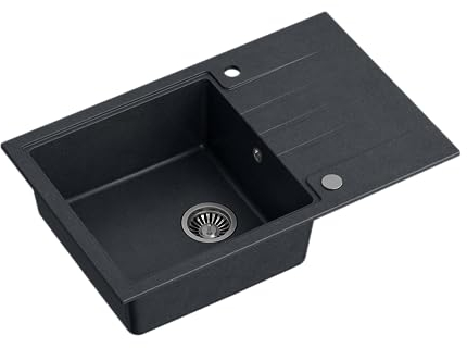 QUADRON fregadero de granito fregadero de un seno | tamaño 78 x 50 x 20, color: negro y acero | PETER 111 fregadero de cocina | con sifón manual y escurridor | fregadero moderno