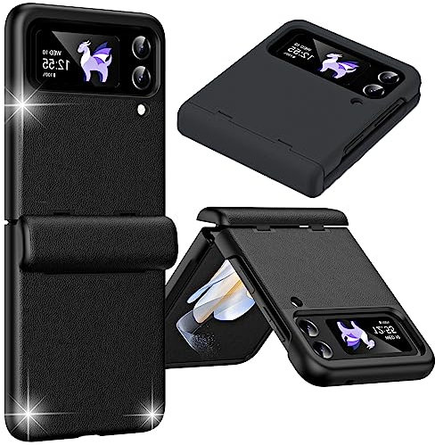 Miimall Compatible with Samsung Galaxy Z Flip 4 Case with Hinge Protection, Hard PC+PU Leather Shell Shockproof Anti-Scratch Bumper Full Coverage Protective Cover for Samsung Galaxy Z Flip 4 5G-Black