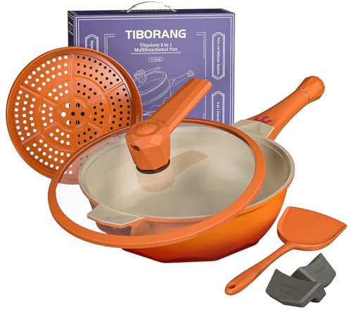 TIBORANG Poêles à frire antiadhésives 8 en 1, poêle à frire de 28 cm avec couvercle, cuiseur vapeur pour la cuisine, batterie de cuisine tout-en-un pour toutes les cuisinières, woks et poêles à frire