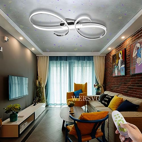WERSVG Modern LED Lampe Deckenlampe Silber Wohnzimmer lamp L80cm Kreatives flurlampe decke 65W Deckenleuchte Lichtfarbe und Helligkeit Einstellbar Chrom Deckenleuchte, für Schlafzimmer Küche Büro