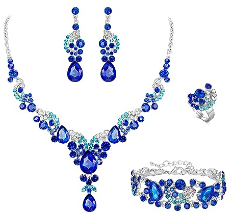 EVER FAITH 4 Stück Schmucksets für Damen Party Hochzeit Braut Strass Kristall floralen Welle Teardrop Halskette baumeln Ohrringe Armband Ring Set Marineblau Silber-Ton