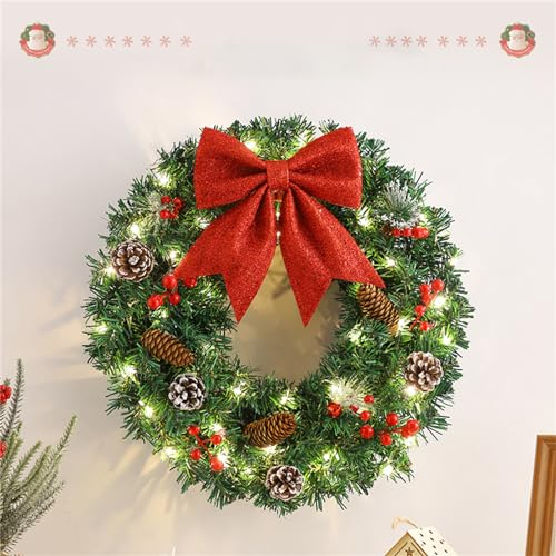 Herfair Türkranz Weihnachten,Weihnachtsdeko Tür,Adventskranz Künstlich,Weihnachtsgirlande mit Glocken und Beleuchtung,für Türschild Deko Türdeko Weihnachtsdekoration (B,60cm)