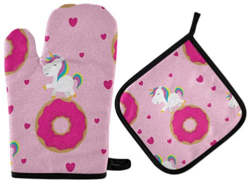 Ofenhandschuhe-Set, süßes Einhorn, Kinder, Topflappen, rosa Herzen, Donut, Küche, Ofenhandschuh, 2 Stück, Kochen, Backhandschuhe, Handschuhe, Topflappen, Wärmekissen zum Grillen, Grillen