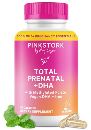 Pink Stork Total Prenatal Vitamins for Women | DHA, Folate, Iron, Choline, & Vitamin B12 | Preconception Nutrition | Prenatals for Women, Pregnancy Essentials | Doctor Formulated, 60 Count, Mint