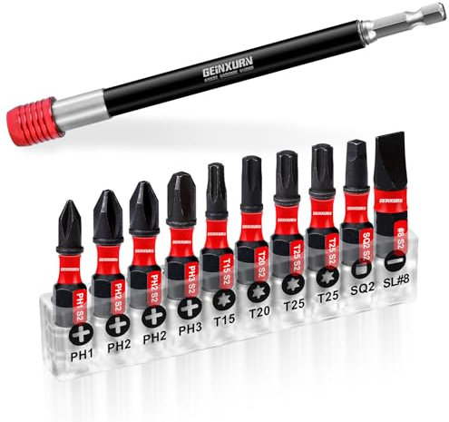 Geinxurn 6” Impact Screwdriver Bit Holders with 10Pcs Screwdriver Bit, Magnetic Extension Quick-Change Socket Drill Bit Holder Cr-V Steel Hex Shank Quick Release Extra Long Drill Bit Guide
