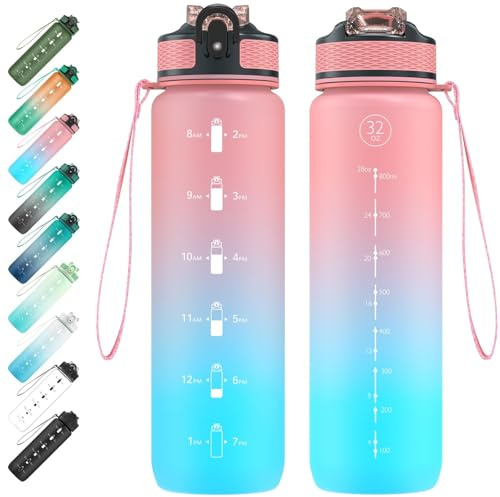 EYQ 1L Water Bottle, 1 Litre Water Bottle with Straw, 32oz Leak-Proof Motivational Sports Drinks Bottle with Time Marker, Tritan BPA-Free, Drinking Waterbottles for Fitness, School, Gym Outdoor Sports