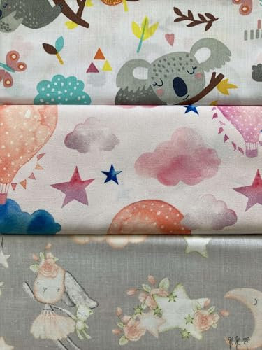 Keine Meterware, Mädchen Stoffpaket 3x50x150cm, Stoffe zum Nähen, Stoff für Kinder, 100% Baumwolle: 1,5m Baumwollstoff Stoffset - Tiere Kinderstoff Koalabären Hasen - rosa blau grau weiß - Chiara