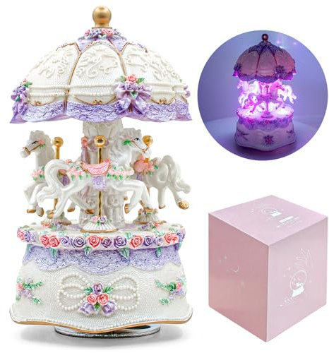 AttoShow Karussell-Spieluhr, luxuriöse Farbwechsel-LED-Licht-Spieluhr, leuchtend, drehbar, 3 Pferde, Spieluhr mit Geschenkbox für Mädchen, Geburtstag, Valentinstag, Geschenk (You are My Sunshine,
