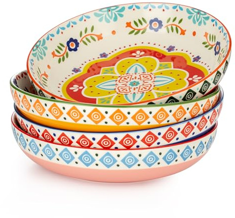 Signature Housewares Marrakesch flache Speiseteller, perfekt für Spaghetti und Salate, 1020 ml, große Keramikschalen, bunt, handbemalt, 4 Stück