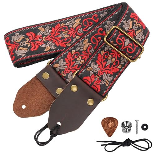 Lunaanda Gitarrengurt, Baumwollgitarrengurt für Akustikgitarre, 2 Bestickte Gitarrengurte, für Bass-, Elektro- und Akustikgitarren, Kostenlose Schnalle, Gurtschloss und Plektren (Retro-rote Blume)