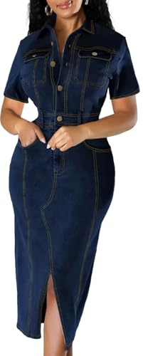 Jeanskleid für Damen, figurbetont, sexy, kurzärmelig, Jeans, geteilt, Arbeitskleider mit Reißverschluss, Club, Party, Nacht, Dunkelblau/Jeanskleid, 3X-Groß