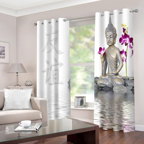 ZZTBQ Buddha-Statue Vorhang Ösen Gardinen Blickdicht Schlafzimmer Gardinen und Vorhänge Steinbuddha Blickdicht Verdunklungsvorhänge mit Ösen Gardienen 2-Set 100x214 cm (BxH), 2er Set