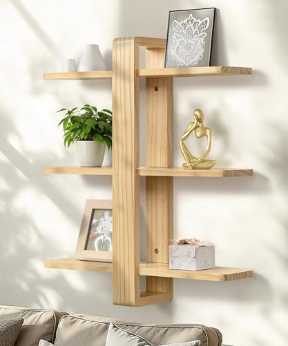 SUMGAR Wandregal Holz, Schweberegal, Regal Wand, Praktische Dreistöckig Dekorative Regale aus Massive Holz für Wohnzimmer Schlafzimmer, Abnehmbarer Bretter, 50x58cm