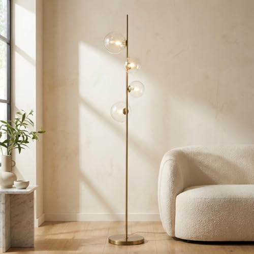 BARCELONA LED - Lampadaire « STAND » doré avec sphères en verre transparent. Lampe dorée moderne avec 4 douilles G9. Lampadaire pour salon, chambre ou bureau.