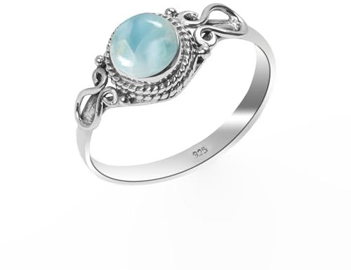 Larimar Ring 925 Sterling Silber Natürlicher Edelstein Ring, Statement Herren-Damen Vintage Boho Handarbeit Runde Form 6 mm Verlobungsring LRMR-9
