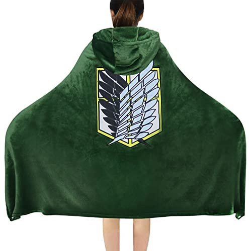 Claofoc Anime Umhang Cosplay Halloween Decke Kostüm Hoodie Cape mit Kapuze | Weicher Flanellstoff, grüner Kapuzenumhang, Flügelmotiv, Blanket Hoodie Design, Karneval, Anime Events, Erwachsene Größe