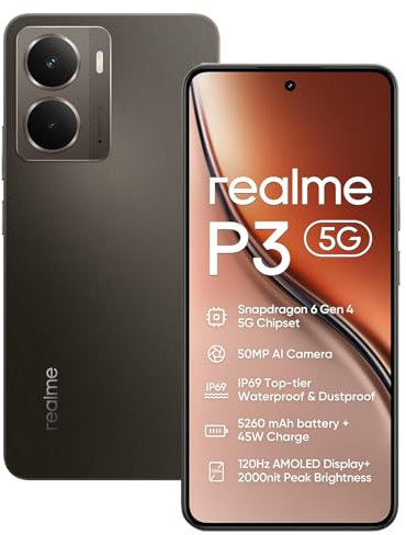 realme P3 5G Smartphone 8+256GB,Chipset Snapdragon 6 Gen 4,Batteria 5000mAh,Fotocamera AI 50MP,Display AMOLED Esports 120Hz,NFC,Dual Sim,IP69,Grigio